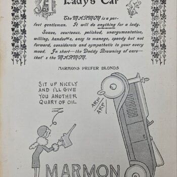 Vintage Marmon car advertisement titled 'A Lady's Car' with floral borders and a cartoon woman offering oil to a tilted car, conveying a playful, refined message.