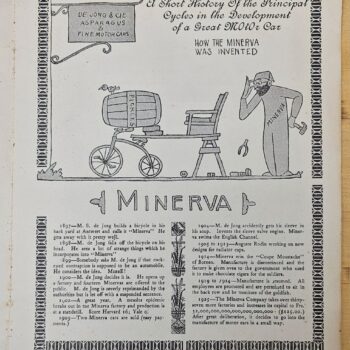 A vintage page about Minerva, showing a bicycle carriage with a barrel and a man labeled 'Minerva' beside it, framed by decorative border.