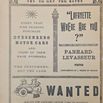 Old poster advertising agents for Packard motor cars, Bandini and Zelzah, with a vintage car illustration at bottom and a large WANTED banner in the center-right.