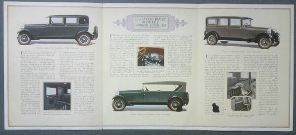 5 Custom | Merrick Auto Museum Three-panel vintage car catalog page featuring classic Hudson Super Six models with interior and exterior photos and a central banner reading Custom Built Models Hudson Super Six.