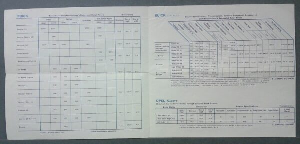 6 Custom | Merrick Auto Museum Two-page Buick price and specs catalog with tables of body styles, options, and prices.