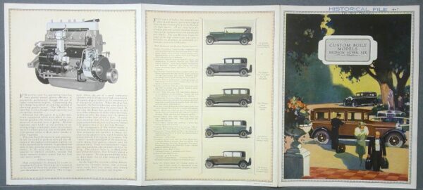 6 Custom | Merrick Auto Museum Three-panel vintage car brochure: left shows engine diagram, middle displays a lineup of car illustrations, right features a Hudson Super Six advertisement with people and cars in a park scene.