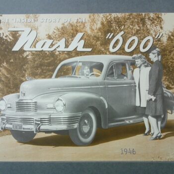 Promotional photo of a 1946 Nash '600' car with three women standing beside it and bold title text reading 'The Inside Story of the Nash 600'.