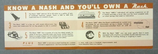 6006 Custom | Merrick Auto Museum Vintage Nash car advertisement banner reading 'Know a Nash and you'll own a Nash' with six illustrated feature panels and small drawings across an orange strip.