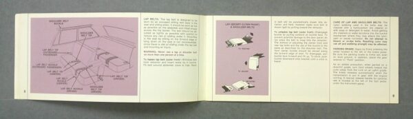 69Imperial2 Custom | Merrick Auto Museum Open instructional manual showing two purple diagrams of an airplane seat belt system with labeled parts (lap belt, shoulder belt) and accompanying descriptive text on pages 8–9.