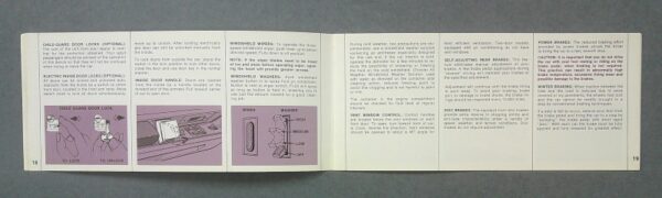 69Imperial3 Custom | Merrick Auto Museum Open two-page instruction manual spread with purple diagrams illustrating an optional child guard door lock and wiper controls, surrounded by dense column text.