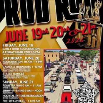 Poster advertising a three‑day Rod Run event (June 19–21, 2026) hosted by Valley Rods Unlimited, featuring a street lined with classic cars, a schedule of events, and a QR code for more details.