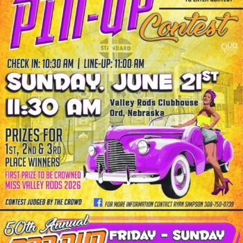 Poster for the 11th Annual Pin-Up Contest featuring a purple vintage car and a retro pin‑up model against a bright yellow background.