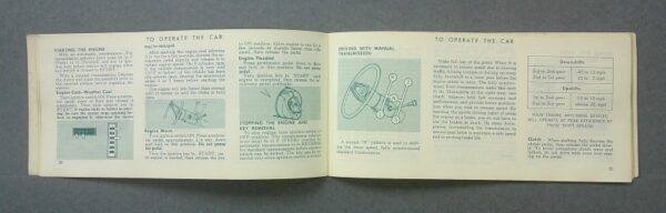 70Ford2 Custom | Merrick Auto Museum Open vintage car manual with blue-tinted pages showing diagrams and instructions for starting engine and transmission.