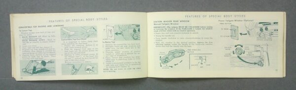 70Ford3 Custom | Merrick Auto Museum Open two-page vintage car manual spread with green line drawings of convertible top, window mechanisms, and station wagon rear window.