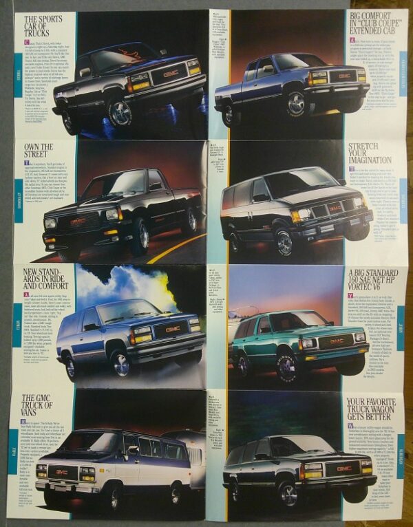 8 Custom | Merrick Auto Museum Magazine spread showing multiple GMC pickup trucks in various colors, with captions beside each image (advertising page). Their poses and lighting emphasize truck models and features.