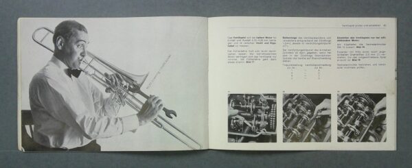 BMW3 Custom | Merrick Auto Museum Open magazine spread: left page shows a man in a white shirt and bow tie playing a trombone; right page has text and three small engine photos.