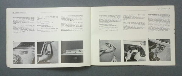 BMW4 Custom | Merrick Auto Museum Open manual spread with German text and six small grayscale photos of car components (headlight area, door latch, trunk lid, steering wheel, engine bay).