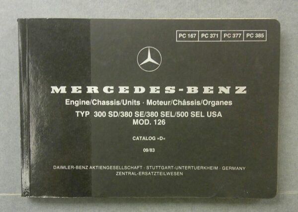 Blk1 Custom | Merrick Auto Museum Mercedes‑Benz catalog cover: engine/chassis/units manual with model list (Typ 300 SD/380 SE/380 SEL/500 SEL USA), 09/83