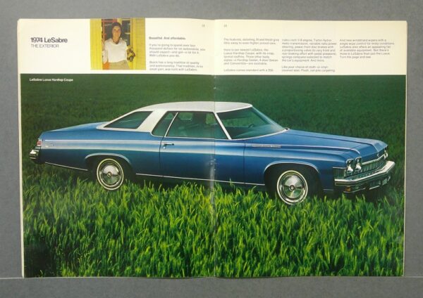 Buick2 Custom | Merrick Auto Museum Two-page brochure spread showing a blue 1974 LeSabre exterior on a grassy field.