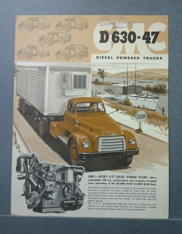D6301 Custom | Merrick Auto Museum GMC D630-47 brochure cover: a yellow truck pulling a large trailer on a coastal road, with an engine illustration bottom left.