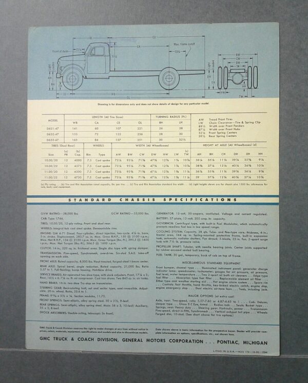 D6302 Custom | Merrick Auto Museum Blueprint-style diagram of a vintage pickup truck with detailed dimensions and a specification table for a GM truck & coach division chassis, Pontiac, Michigan.