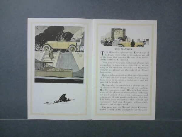 DSCF0007 Custom | Merrick Auto Museum Two-page vintage magazine spread showing a yellow Maxwell car on the left and a text article about Maxwell on the right, framed with decorative borders.