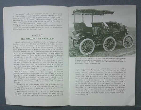DSCF0008 Custom Custom | Merrick Auto Museum Open book with a two-page spread: left page shows Chapter IV 'The Amazing Six-Wheeler' text; right page features a black-and-white photo of a vintage six-wheeled automobile with an open canopy.