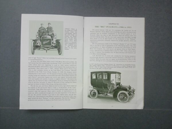 DSCF0009 Custom Custom | Merrick Auto Museum Open book showing two pages of a historical article; left page has a vintage car photo, right page shows text and a second antique vehicle illustration at bottom right.