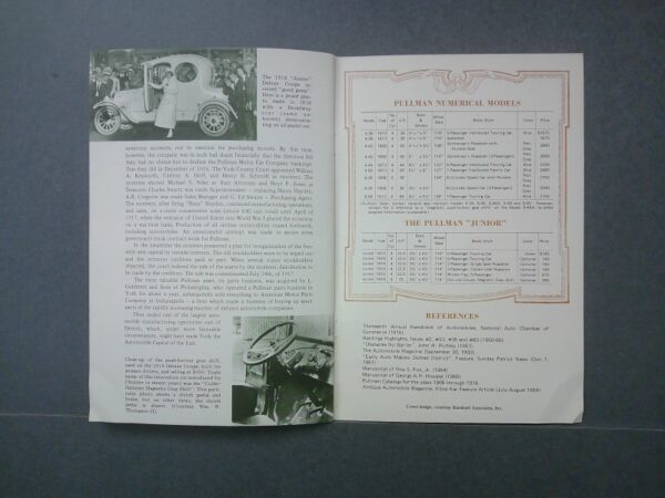 DSCF0010 Custom Custom | Merrick Auto Museum Open two-page vintage car catalog spread showing a car ad on left and a Pullman models table on right.