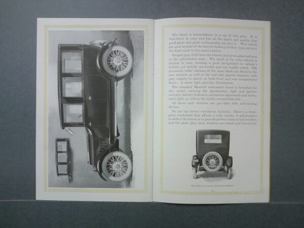 DSCF0011 Custom | Merrick Auto Museum Open book spread showing a black vintage car illustration on the left page and dense text on the right with decorative borders.
