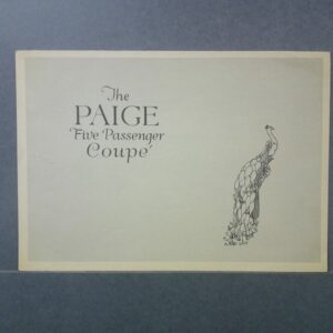 A white card with the text 'The Paige Five Passenger Coupe' on the left and a decorative peacock illustration on the right.