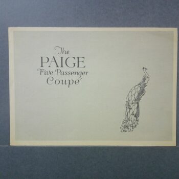 A white card with the text 'The Paige Five Passenger Coupe' on the left and a decorative peacock illustration on the right.