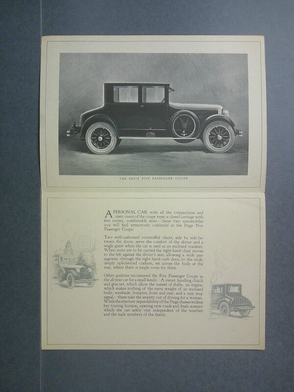 DSCF0022 Custom | Merrick Auto Museum Black-and-white photo of a vintage Page Five Passenger Coupe shown in profile on a catalog page, with descriptive text beneath and illustrations at the bottom.