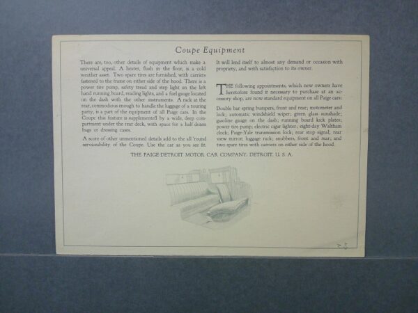 DSCF0023 Custom | Merrick Auto Museum Vintage advertisement page titled 'Coupe Equipment' with a detailed illustration of a car interior and listed features.