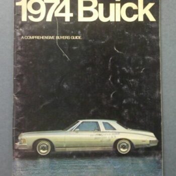 Cover of a 1974 Buick Buyers Guide featuring a pale green Buick sedan against a dark backdrop.