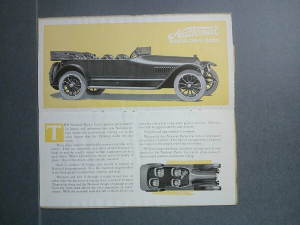 DSCF0025 Custom | Merrick Auto Museum Open vintage brochure spread advertising the National Parlor Car, with a black 1920s convertible illustration on a yellow panel and text below.