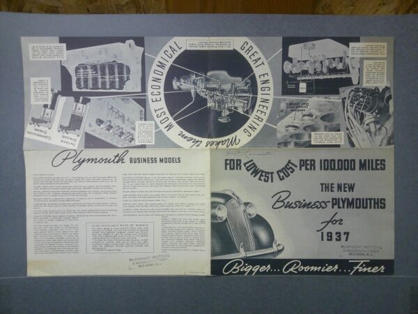 DSCF0034 Custom | Merrick Auto Museum Collage ad for Plymouth business models with engine diagrams, vintage photos, and text panels, plus a 1937 slogan: 'Bigger... Roomier... Finer'