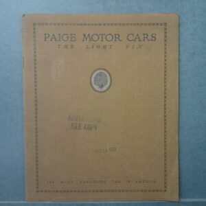 Cover of a vintage Paige Motor Cars brochure for 'The Light Six' with a decorative border and central seal, on a blue background.