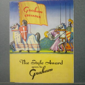 Colorful vintage illustration of knights on horseback carrying a large yellow flag reading 'Graham Crusader' against a blue sky.