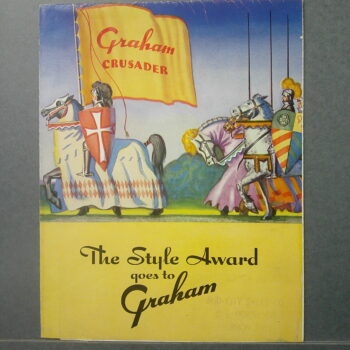 Digital Camera | Merrick Auto Museum Colorful vintage illustration of knights on horseback carrying a large yellow flag reading 'Graham Crusader' against a blue sky.