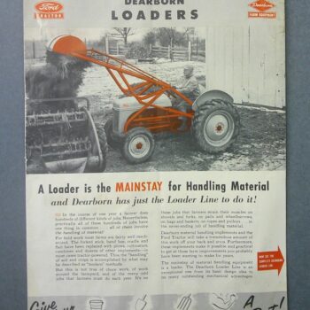 Old advertisement poster showing an orange Dearborn loader in a yard with a person nearby; large headline 'DEARBORN LOADERS' and the slogan about loaders for handling material, plus Ford Tractor and Dearborn logos.