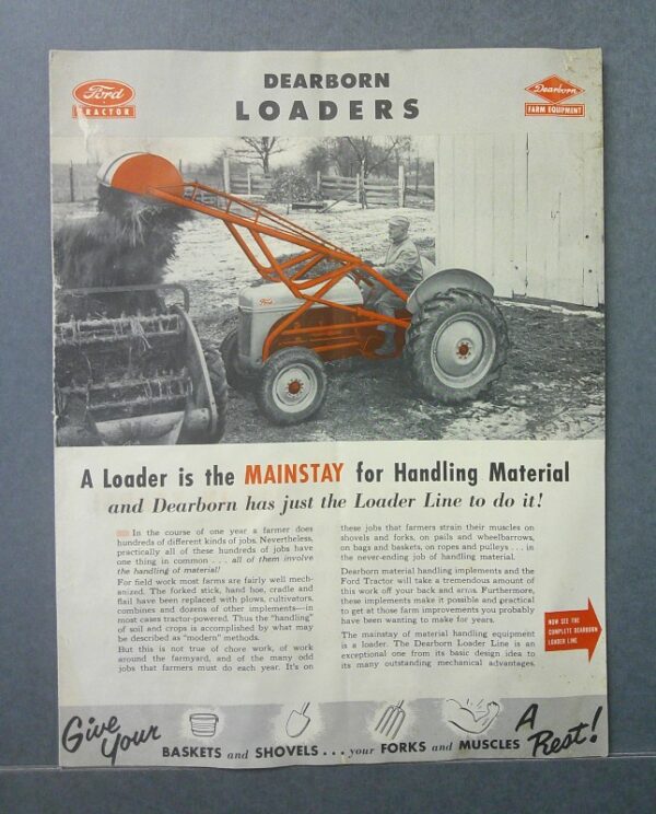 Dearborn1 Custom | Merrick Auto Museum Old advertisement poster showing an orange Dearborn loader in a yard with a person nearby; large headline 'DEARBORN LOADERS' and the slogan about loaders for handling material, plus Ford Tractor and Dearborn logos.