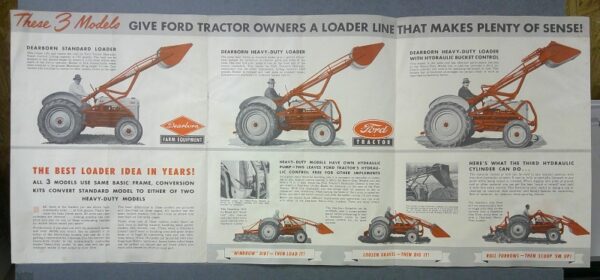 Dearborn2 Custom | Merrick Auto Museum Tri-panel vintage Ford tractor brochure showing three loader-equipped tractors with the headline: These 3 Models give Ford tractor owners a loader line that makes plenty of sense.