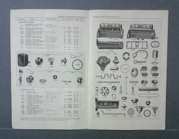 Fordson2 Custom | Merrick Auto Museum Open Fordson tractor parts catalog, two pages showing exploded diagrams and price lists; left: kerosene tank and small parts, right: engine parts and gaskets.