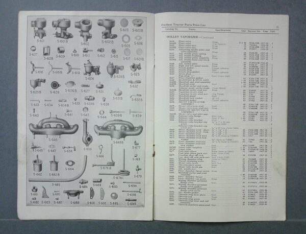 Fordson4 Custom | Merrick Auto Museum Open catalog with line drawings of tractor parts and labeled part numbers on the left page, and a dense price list on the right page.
