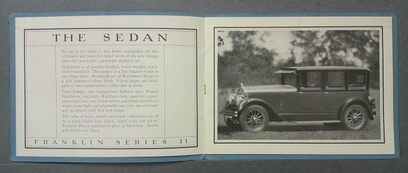 Franklin2 Custom | Merrick Auto Museum Open two-page brochure featuring a vintage Franklin sedan ad: left page titled THE SEDAN with descriptive copy, right page showing a black-and-white photo of a 1920s Franklin Series 11 car parked on grass.