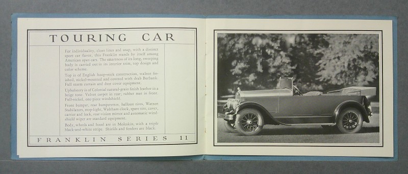 Franklin3 Custom | Merrick Auto Museum Open booklet spread featuring a Franklin Series 11 touring car advertisement; left page has 'TOURING CAR' and details, right page shows a vintage convertible car.