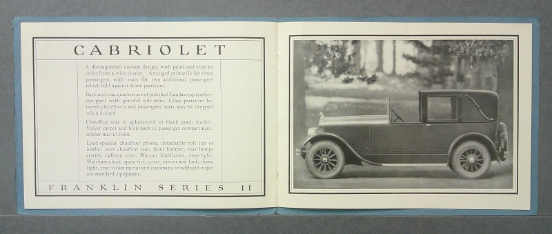 Franklin4 Custom | Merrick Auto Museum Open brochure: left page titled CABRIOLET with product description; right page shows a black-and-white photo of a vintage Franklin Series 11 Cabriolet car.