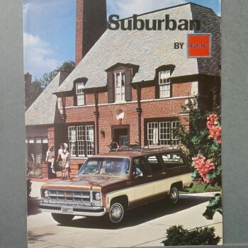 GMC Suburban brochure cover showing a brown-and-cream station wagon in front of a brick house.
