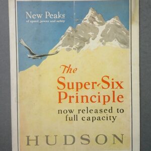 Vintage poster advertising 'The Super-Six Principle' with a mountain scene, an eagle in flight, and HUDSON at the bottom.