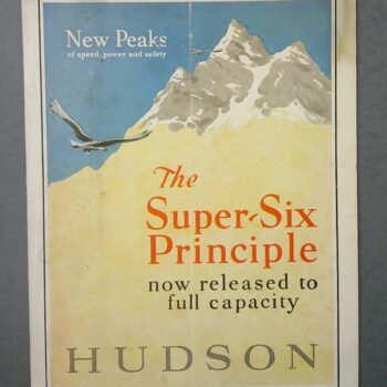Vintage poster advertising 'The Super-Six Principle' with a mountain scene, an eagle in flight, and HUDSON at the bottom.