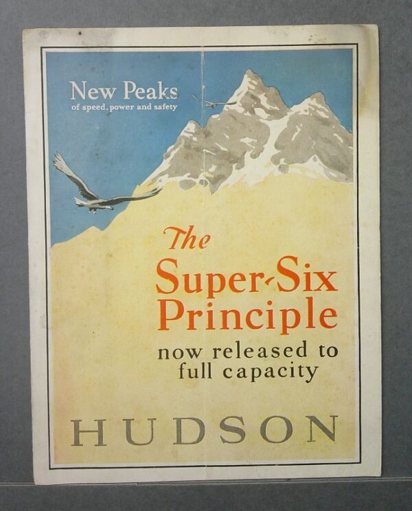 Hudson1 Custom | Merrick Auto Museum Vintage poster advertising 'The Super-Six Principle' with a mountain scene, an eagle in flight, and HUDSON at the bottom.