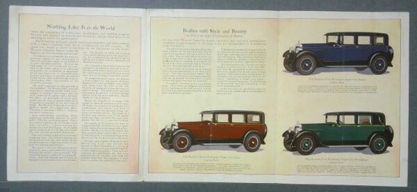 Hudson2 Custom | Merrick Auto Museum Open magazine spread about vintage cars: left page has dense text, right page shows four classic sedans (blue, red, green) with captions on a beige background.