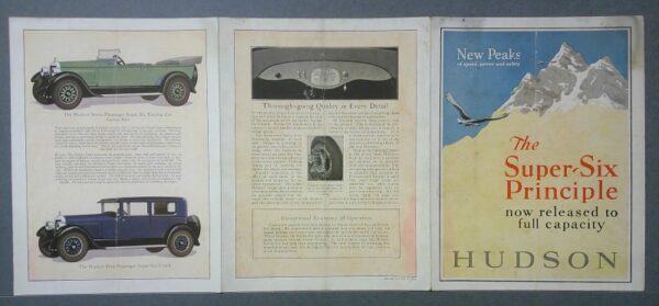 Hudson3 Custom | Merrick Auto Museum Three-panel vintage auto ad spread: left with a green roadster and blue touring car, middle with technical text, right Hudson Super-Six ad with mountains.